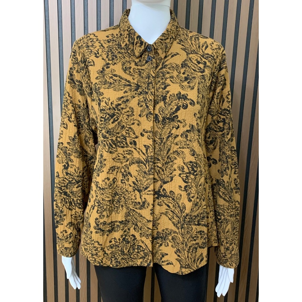 Habitat Clothes to Live In Brown Black Damask Crinkle Shirt M Classic Lagenlook